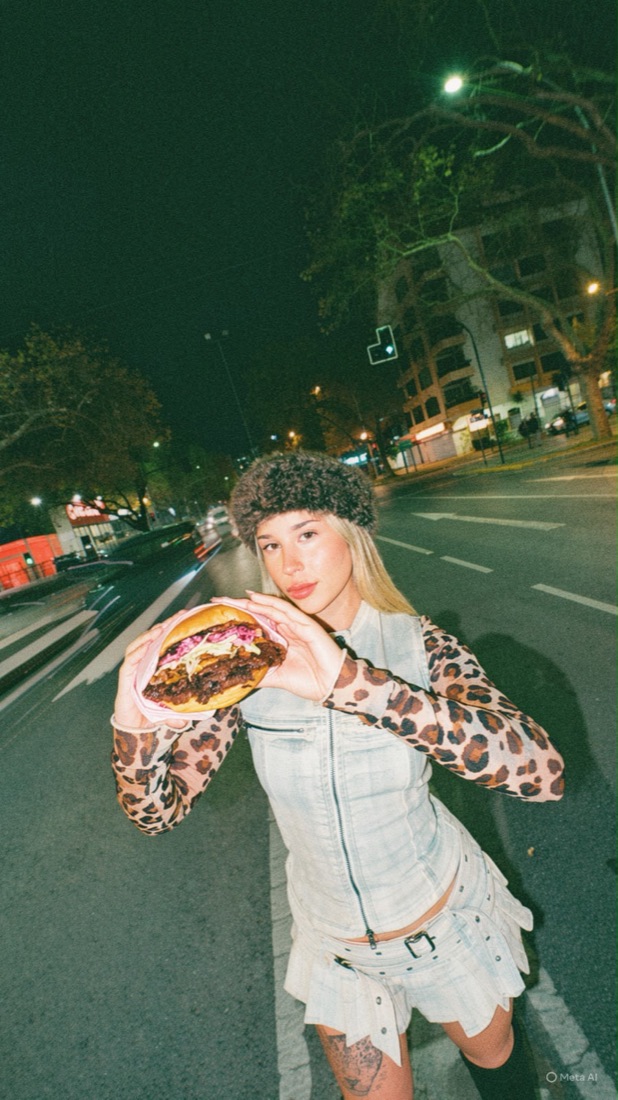 Antonia mostrando La Polémica en la calle de noche.